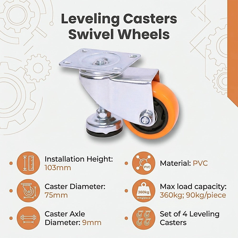 Leveling Casters Swivel Wheels Set of 4, 360 kg Total Load Capacity