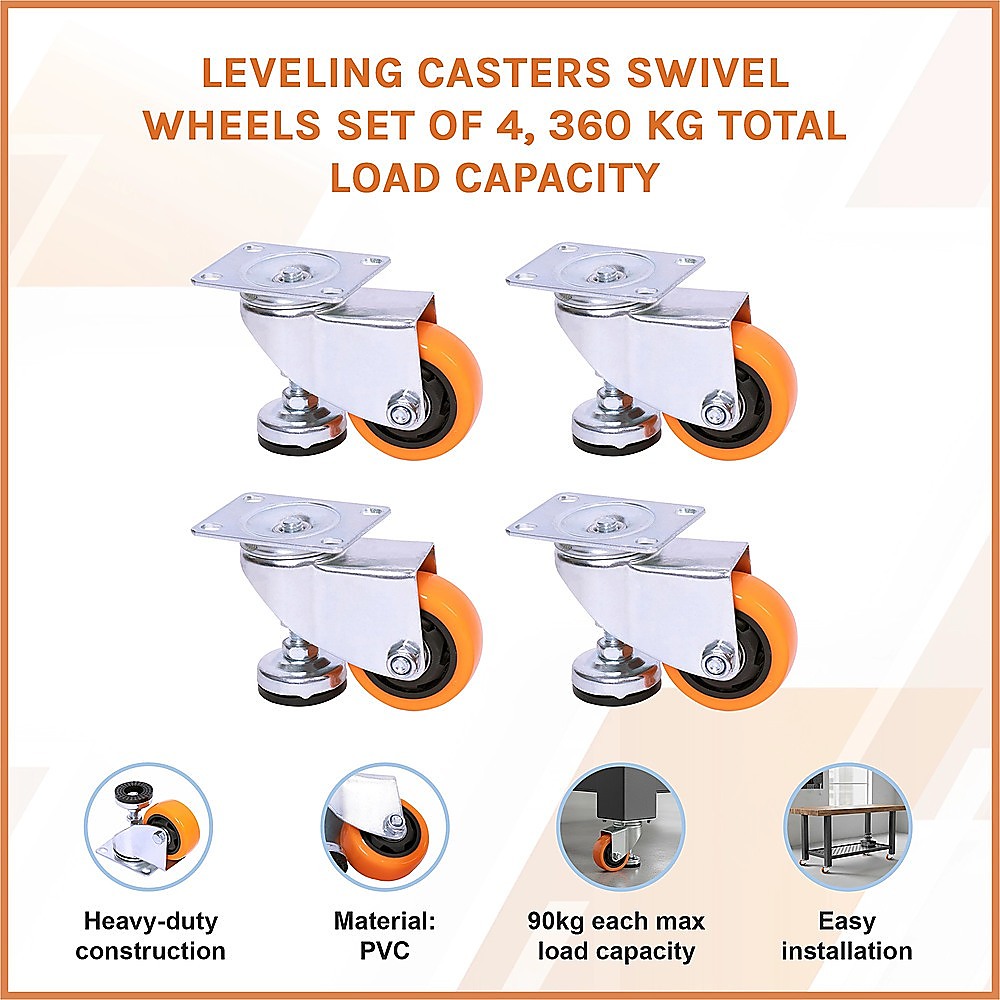 Leveling Casters Swivel Wheels Set of 4, 360 kg Total Load Capacity