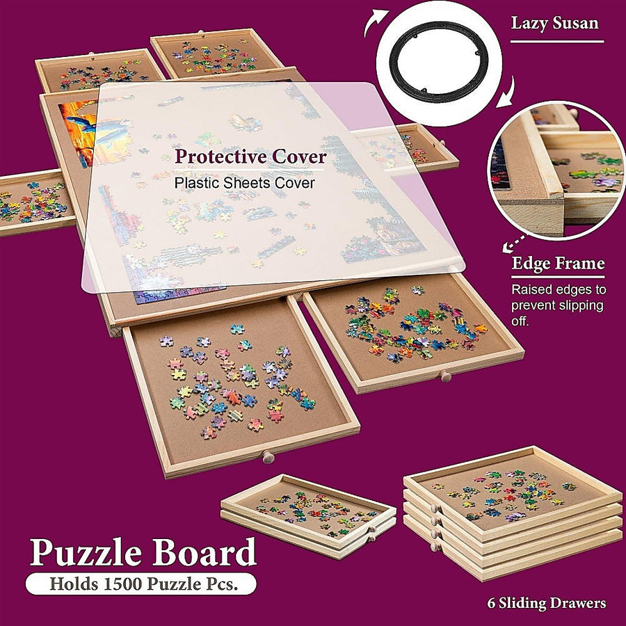 1500 Piece Rotating Wooden Jigsaw Puzzle Table 6 Drawers Board, image 12