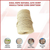 Sisal Rope Natural Jute Hemp Manila Twine Cord 5mm*100m - Front View