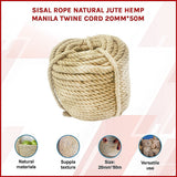 Sisal Rope Natural Jute Hemp Manila Twine Cord 20mm*50m - Front View