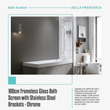 100cm Frameless Glass Bath Screen with Stainless Steel Brackets - Chrome - Extra Image