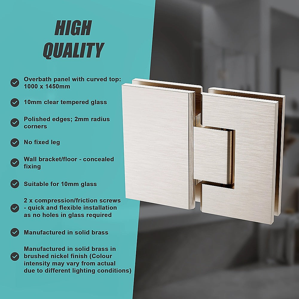 100cm Frameless Glass Bath Screen with Stainless Steel Brackets - Nickel
