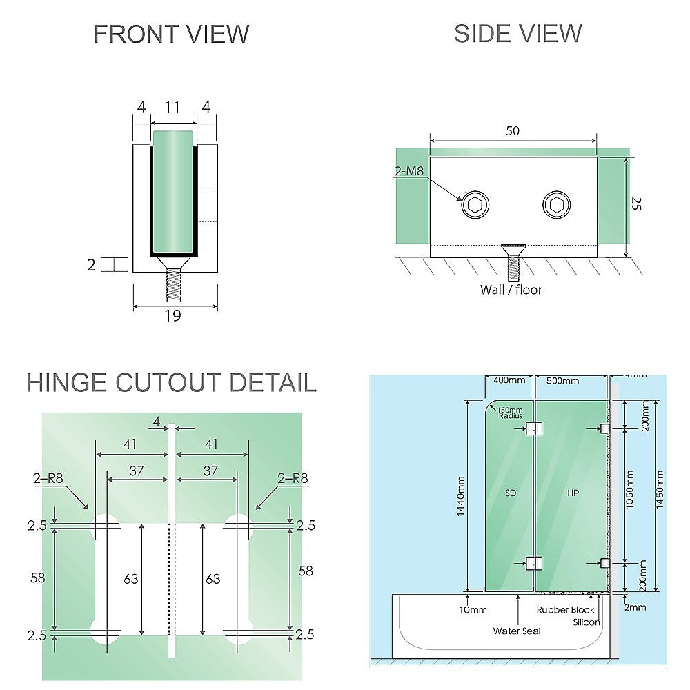 100cm Frameless Glass Bath Screen with Stainless Steel Brackets - Gunmetal