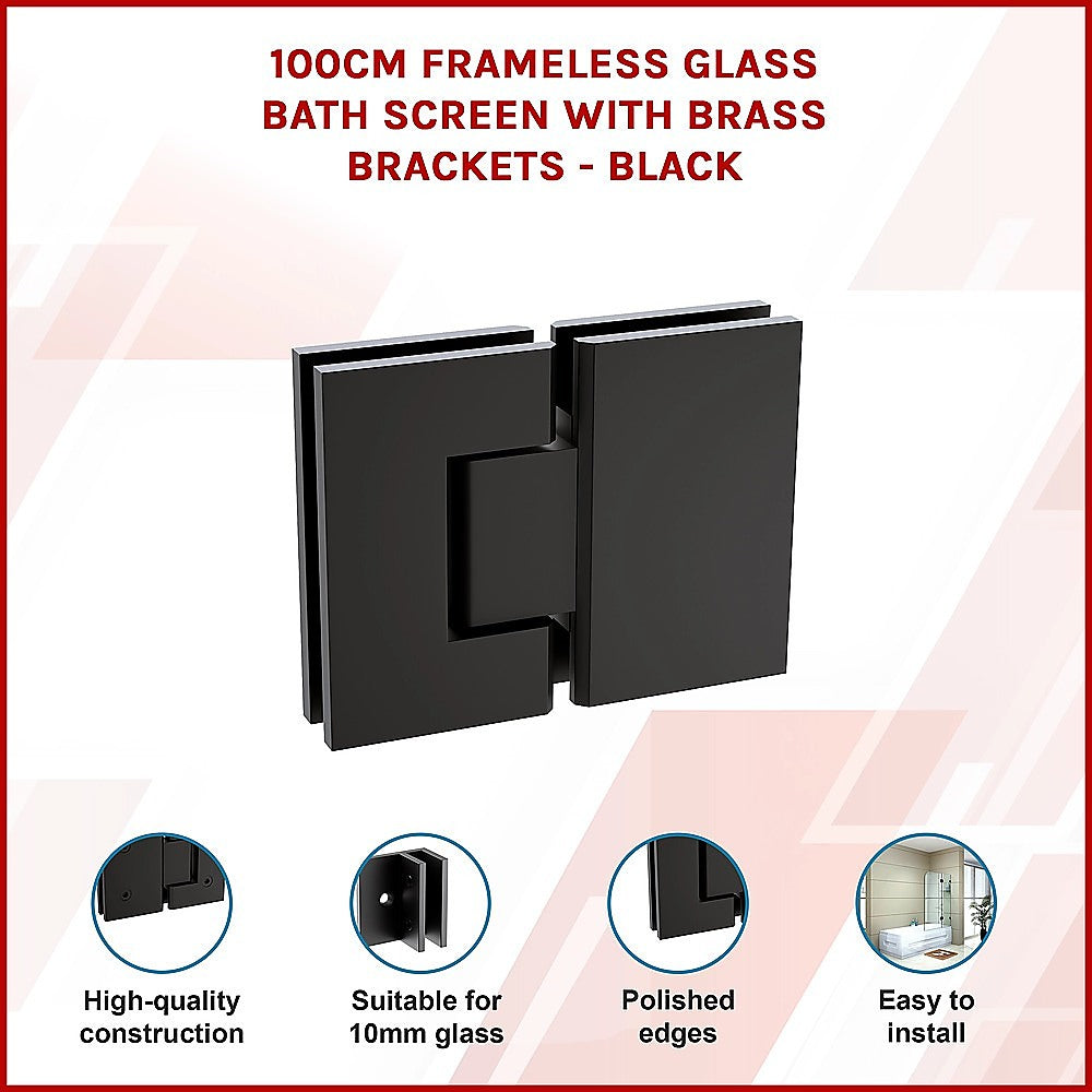 100cm Frameless Glass Bath Screen with Brass Brackets - Black
