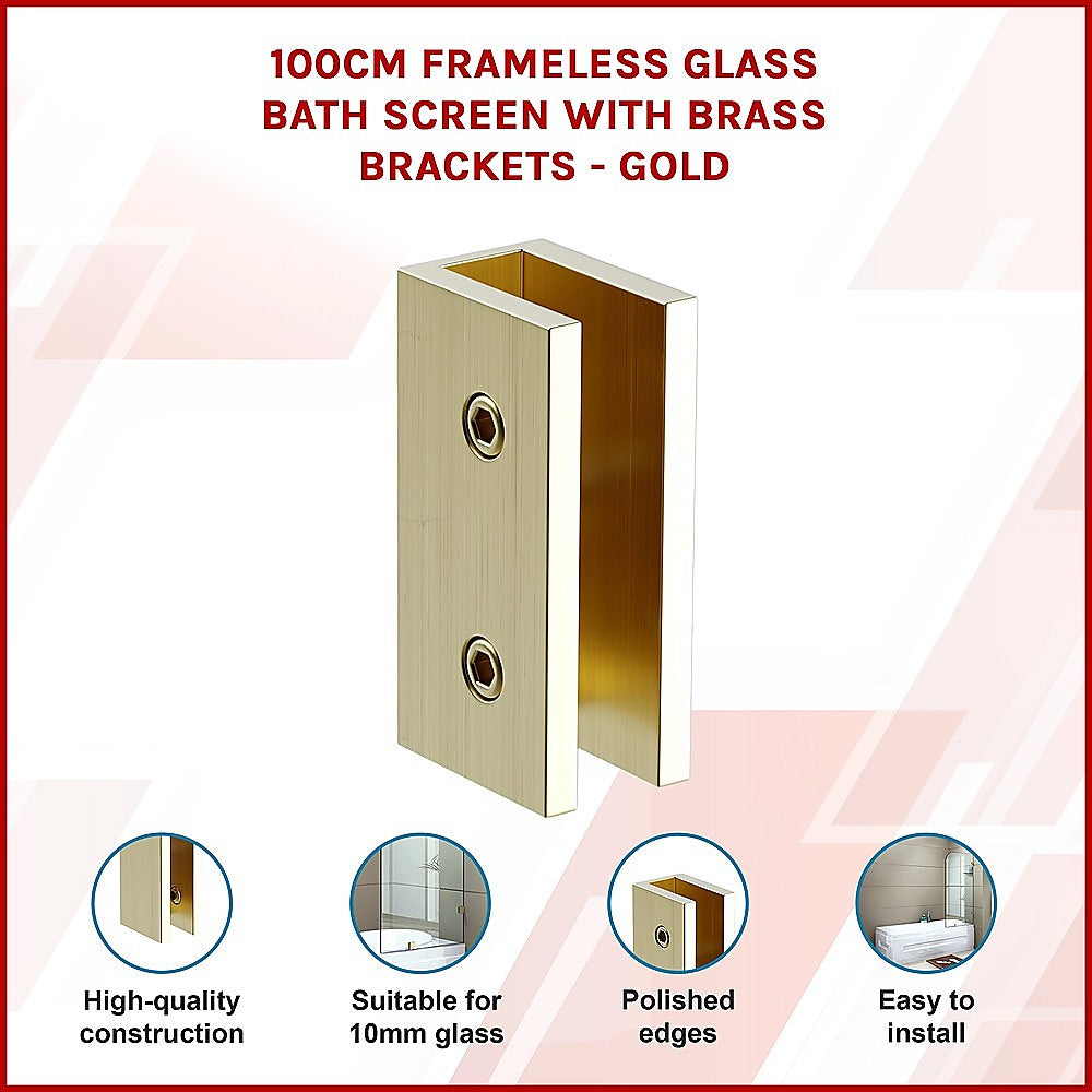 100cm Frameless Glass Bath Screen with Brass Brackets - Gold