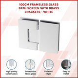 100cm Frameless Glass Bath Screen with Brass Brackets - White - Side View
