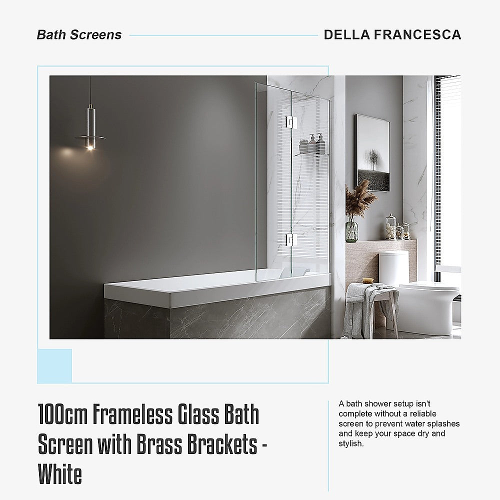 100cm Frameless Glass Bath Screen with Brass Brackets - White