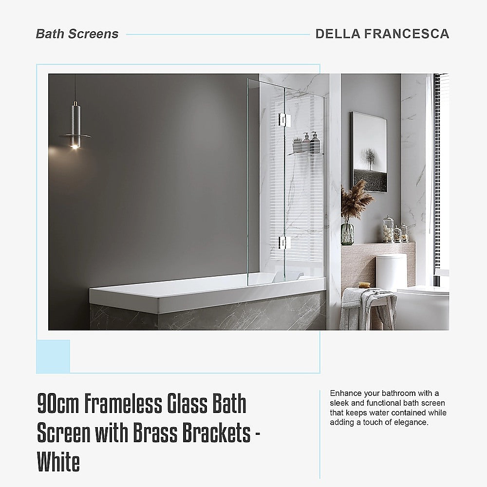 100cm Frameless Glass Bath Screen with Brass Brackets - White