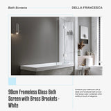 100cm Frameless Glass Bath Screen with Brass Brackets - White - Low Angle