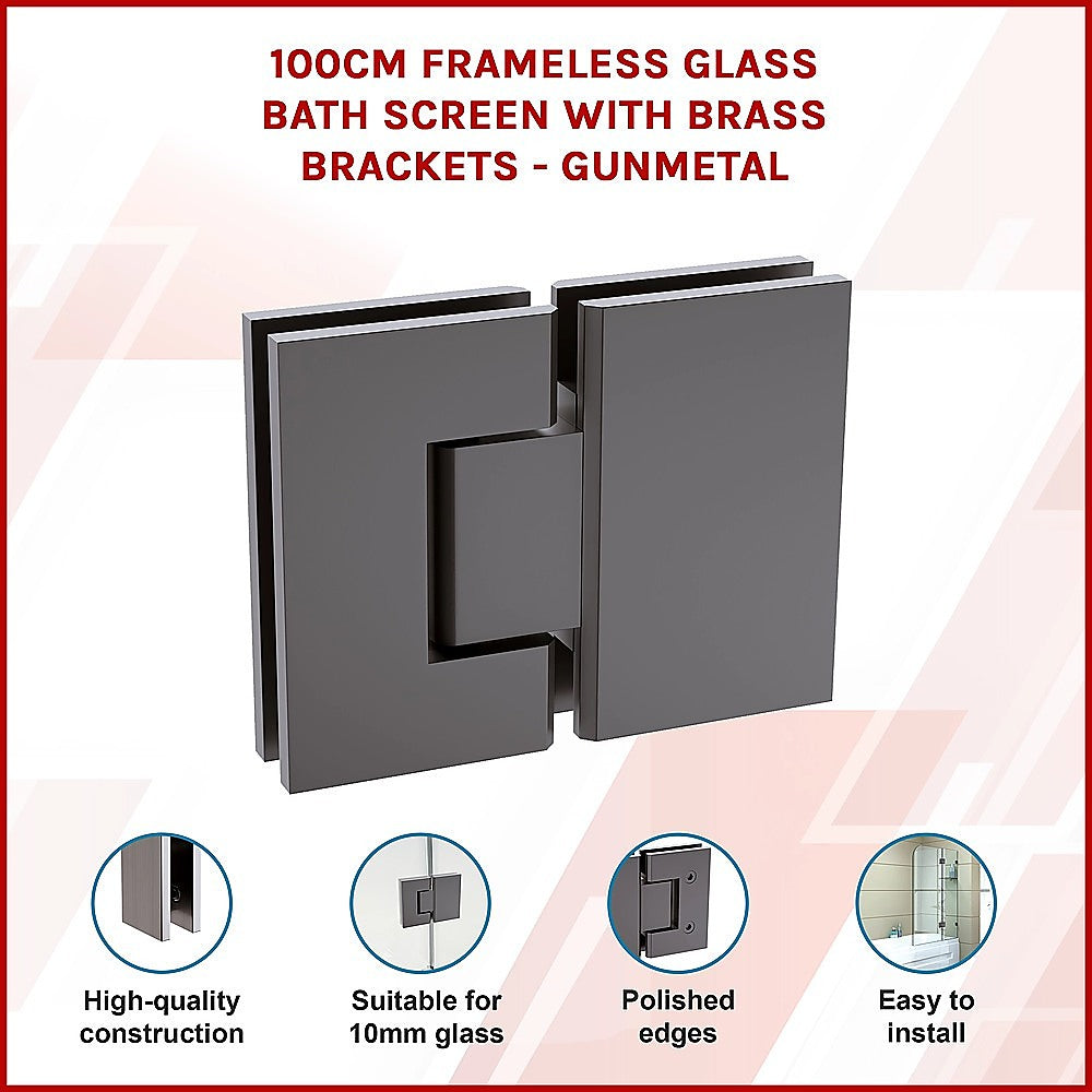 100cm Frameless Glass Bath Screen with Brass Brackets - Gunmetal
