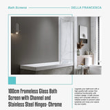 100cm Frameless Glass Bath Screen with Channel and Stainless Steel Hinges- Chrome - Low Angle