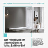 100cm Frameless Glass Bath Screen with Channel and Stainless Steel Hinges- Black - Low Angle