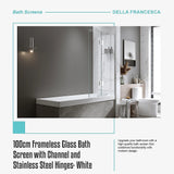 100cm Frameless Glass Bath Screen with Channel and Stainless Steel Hinges- White - Low Angle