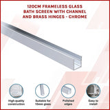 120cm Frameless Glass Bath Screen with Channel and Brass Hinges - Chrome - Side View