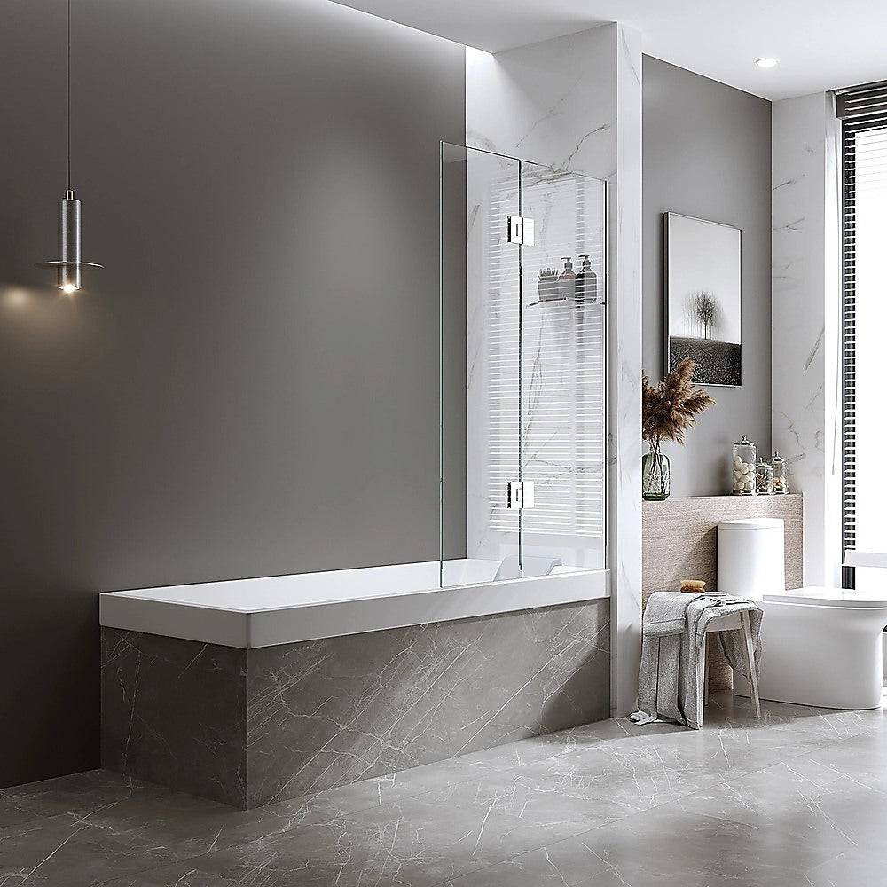 120cm Frameless Glass Bath Screen with Channel and Brass Hinges - Chrome