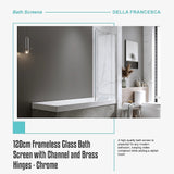 120cm Frameless Glass Bath Screen with Channel and Brass Hinges - Chrome - Low Angle