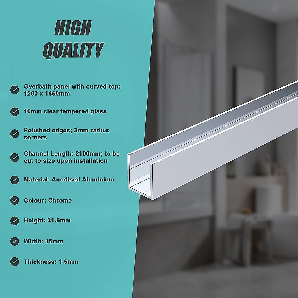 120cm Frameless Glass Bath Screen with Channel and Brass Hinges - Chrome