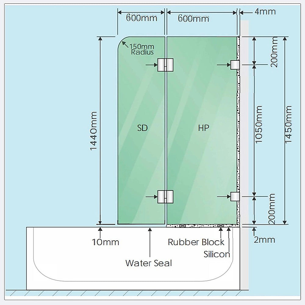 120cm Frameless Glass Bath Screen with Channel and Brass Hinges - Chrome