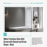 100cm Frameless Glass Bath Screen with Channel and Brass Hinges - Black - Low Angle