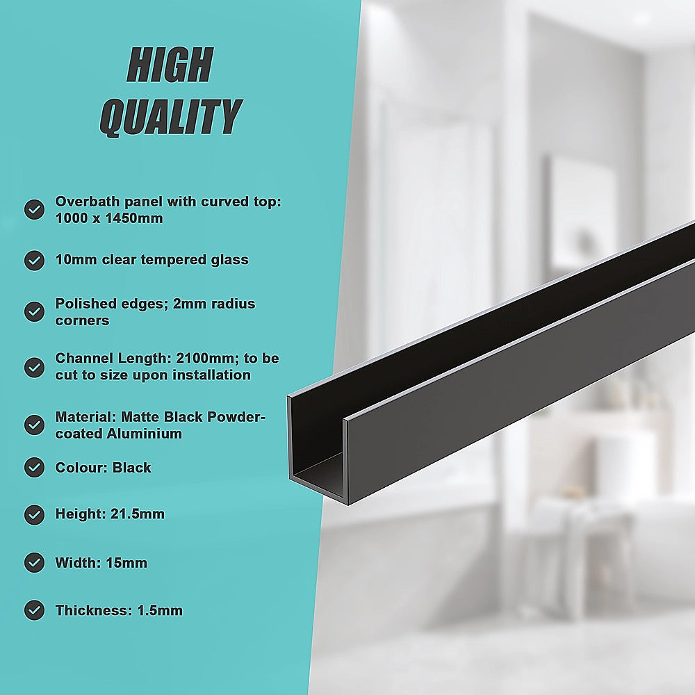 100cm Frameless Glass Bath Screen with Channel and Brass Hinges - Black