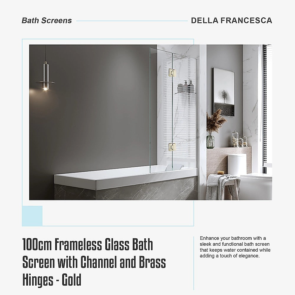 100cm Frameless Glass Bath Screen with Channel and Brass Hinges - Gold