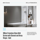 100cm Frameless Glass Bath Screen with Channel and Brass Hinges - Gold - Low Angle