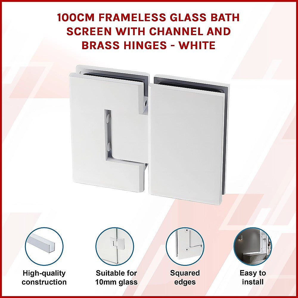 100cm Frameless Glass Bath Screen with Channel and Brass Hinges - White