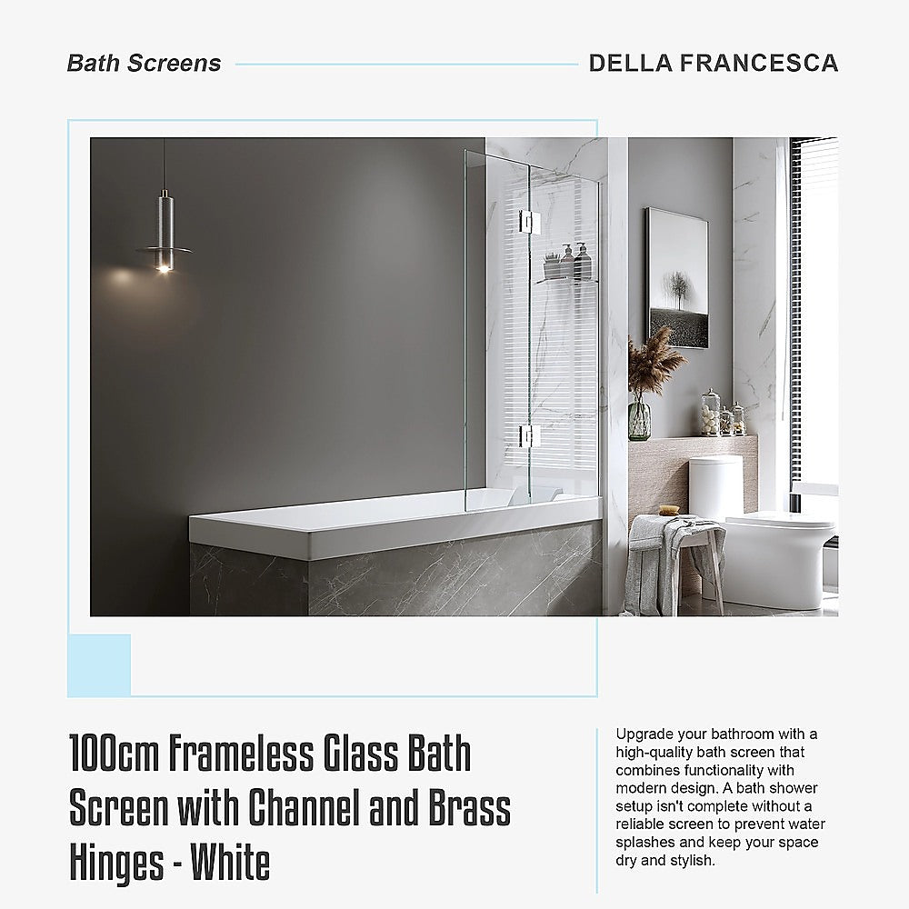 100cm Frameless Glass Bath Screen with Channel and Brass Hinges - White