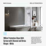 100cm Frameless Glass Bath Screen with Channel and Brass Hinges - White - Low Angle