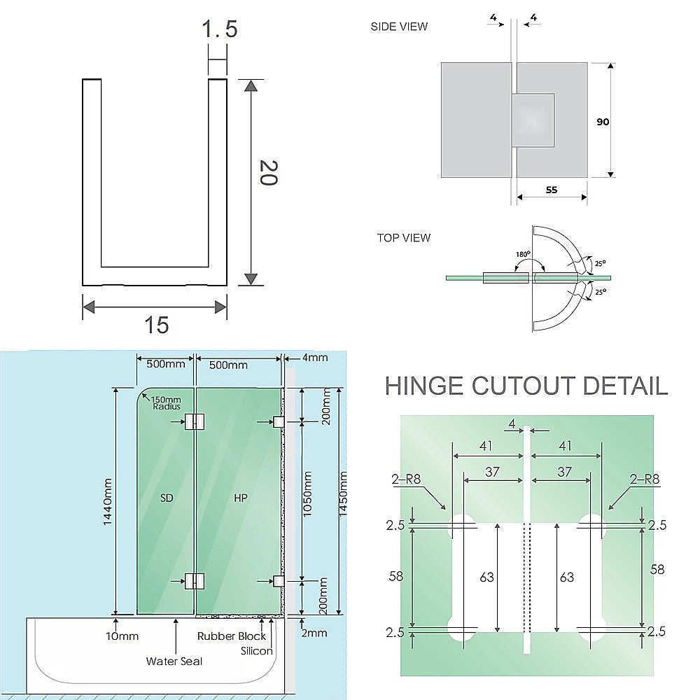 100cm Frameless Glass Bath Screen with Channel and Brass Hinges - White