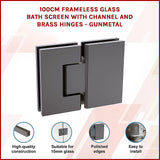 100cm Frameless Glass Bath Screen with Channel and Brass Hinges - Gunmetal - Side View