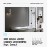 100cm Frameless Glass Bath Screen with Channel and Brass Hinges - Gunmetal - Low Angle