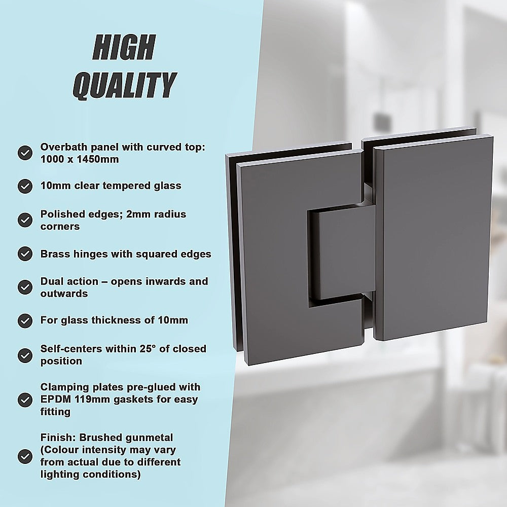 100cm Frameless Glass Bath Screen with Channel and Brass Hinges - Gunmetal