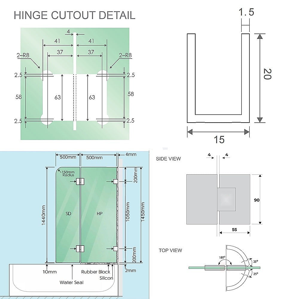 100cm Frameless Glass Bath Screen with Channel and Brass Hinges - Gunmetal