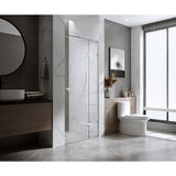 110cm Wall to Wall Frameless Shower Screen with White Brackets and SS Hinges, Round Knob Handle - Front View