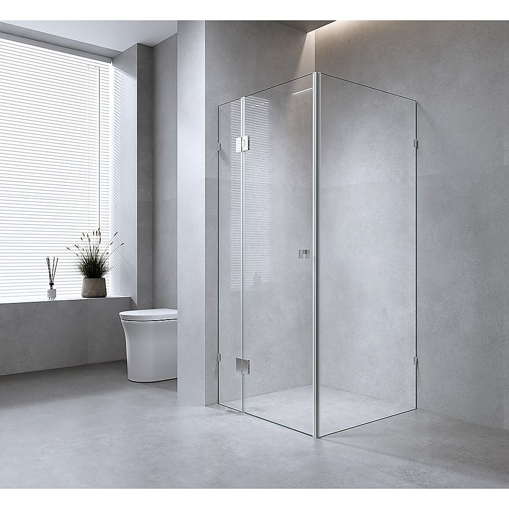 100x70cm Corner Frameless Shower Screen with Nickel Brackets and Brass Hinges, Square Double Pull Handle