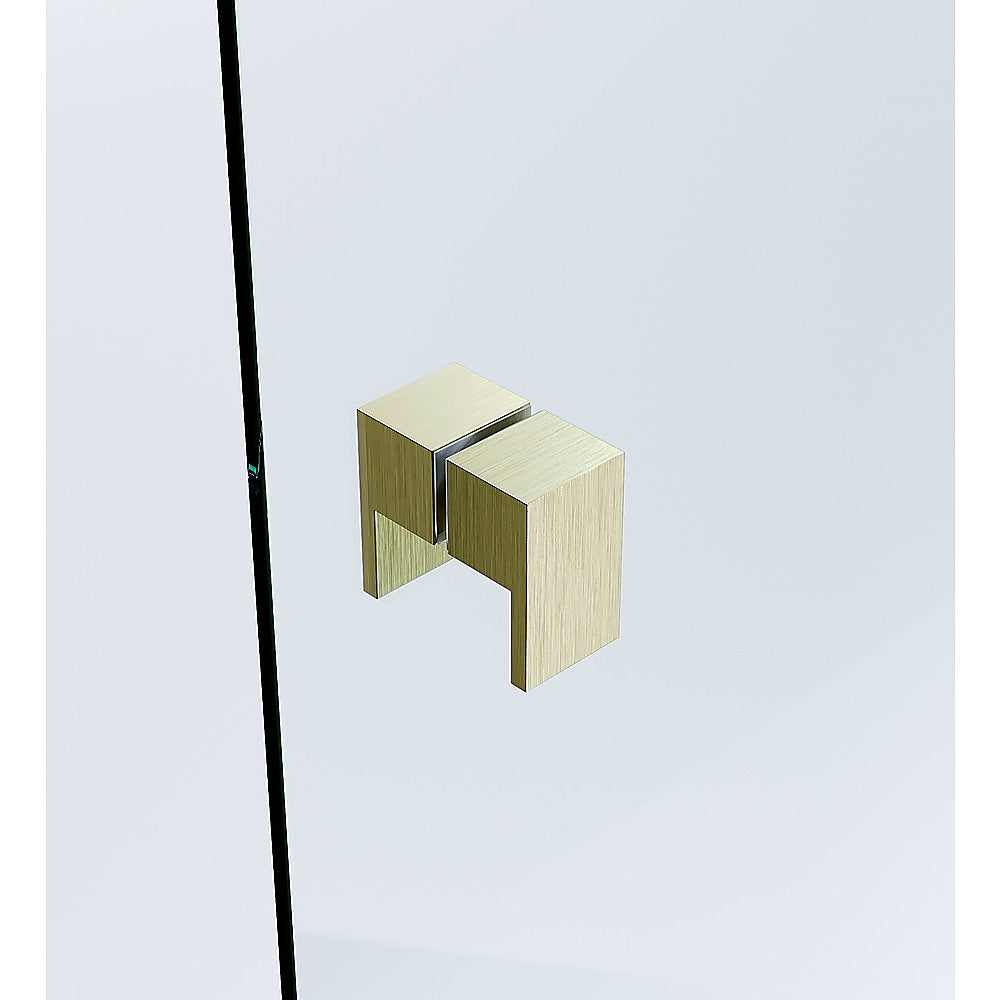 90x90cm Corner Frameless Shower Screen with Gold Wall Channel and SS Hinges, Square Double Pull Handle