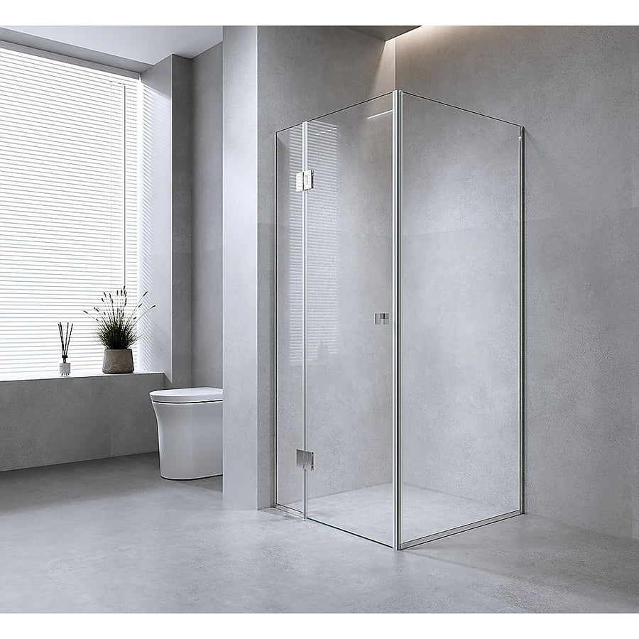 110x80cm Corner Frameless Shower Screen – Nickel Wall Channel with Brass Hinges & Round Knob Handle