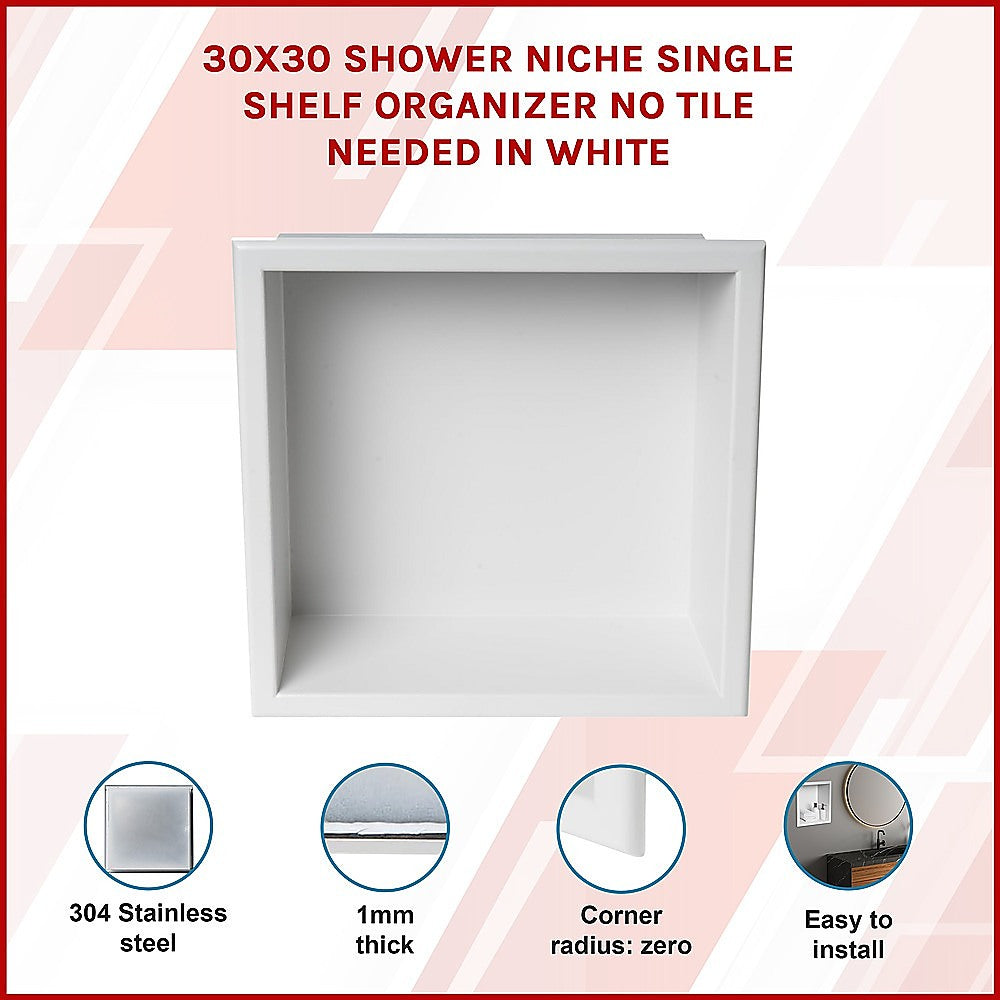 336 x 336 x 101mm Shower Niche Single Shelf Organizer No Tile Needed in White