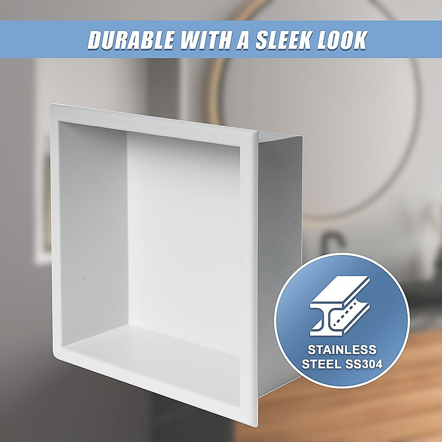 336 x 336 x 101mm Shower Niche Single Shelf Organizer No Tile Needed in White