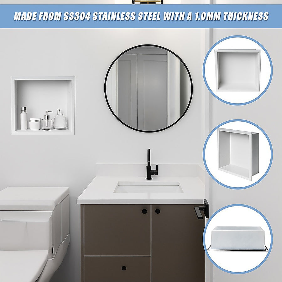 336 x 336 x 101mm Shower Niche Single Shelf Organizer No Tile Needed in White