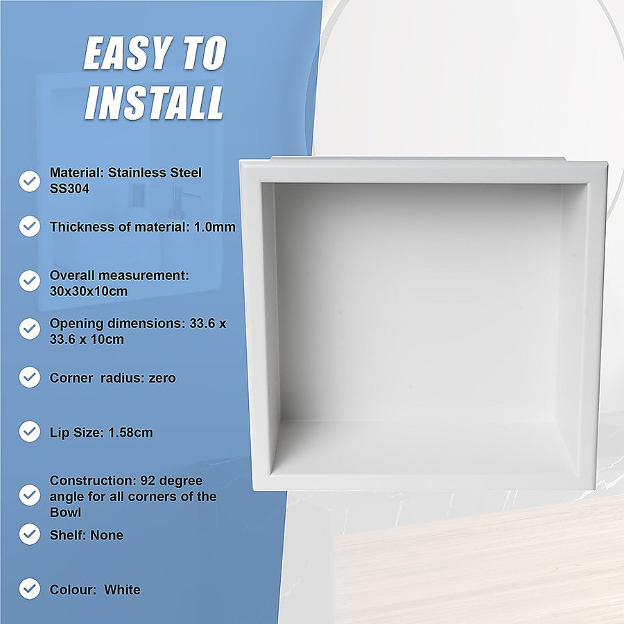 336 x 336 x 101mm Shower Niche Single Shelf Organizer No Tile Needed in White