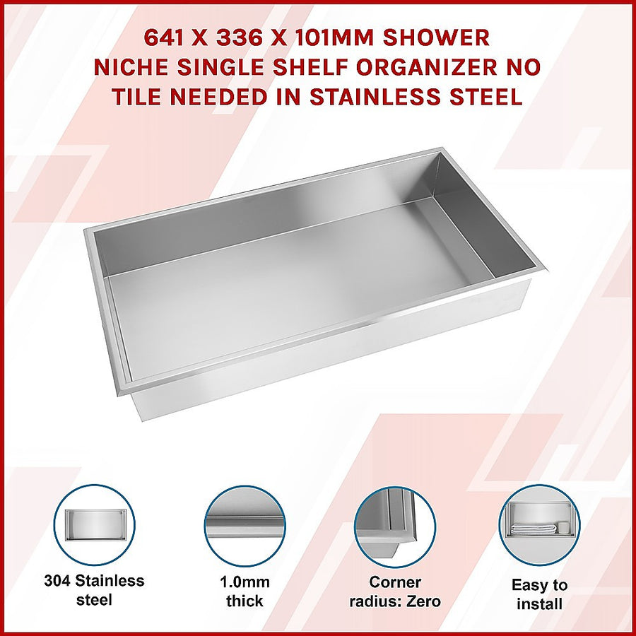 641 x 336 x 101mm Shower Niche Single Shelf Organizer No Tile Needed in Stainless Steel, image 3