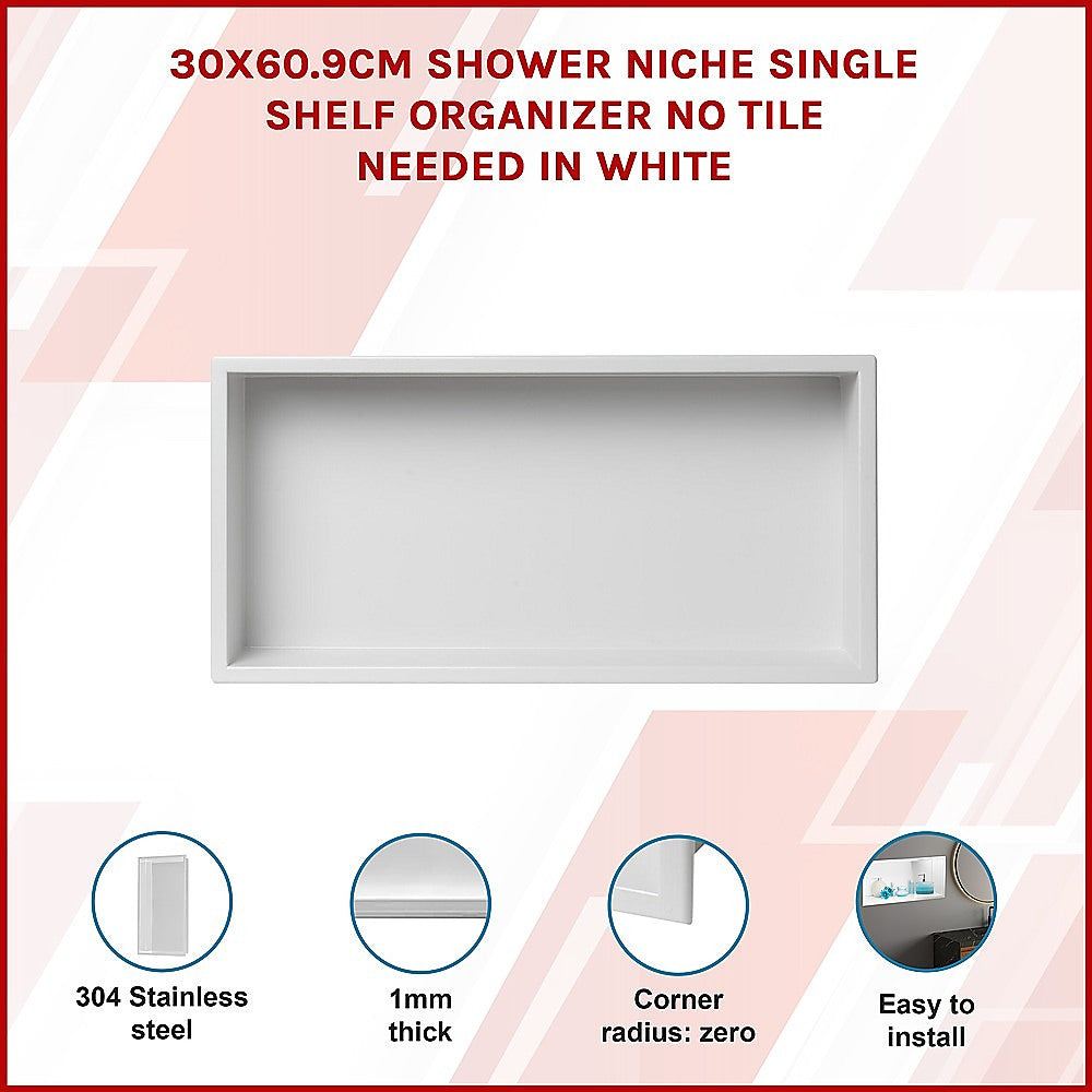 641 x 336 x 101mm Shower Niche Single Shelf Organizer No Tile Needed in White