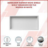 641 x 336 x 101mm Shower Niche Single Shelf Organizer No Tile Needed in White - Side View