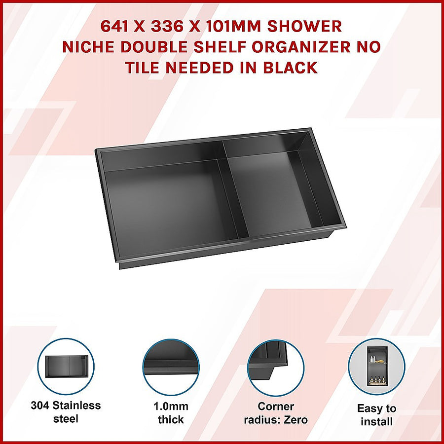 641 x 336 x 101mm Shower Niche Double Shelf Organizer No Tile Needed in Black, image 3