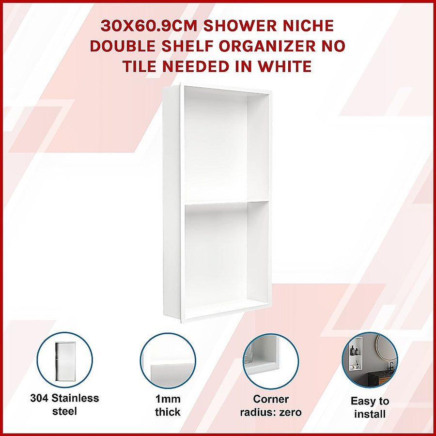 641 x 336 x 101mm Shower Niche Double Shelf Organizer No Tile Needed in White