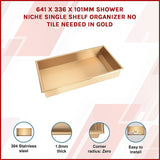 641 x 336 x 101mm Shower Niche Single Shelf Organizer No Tile Needed in Gold - Side View
