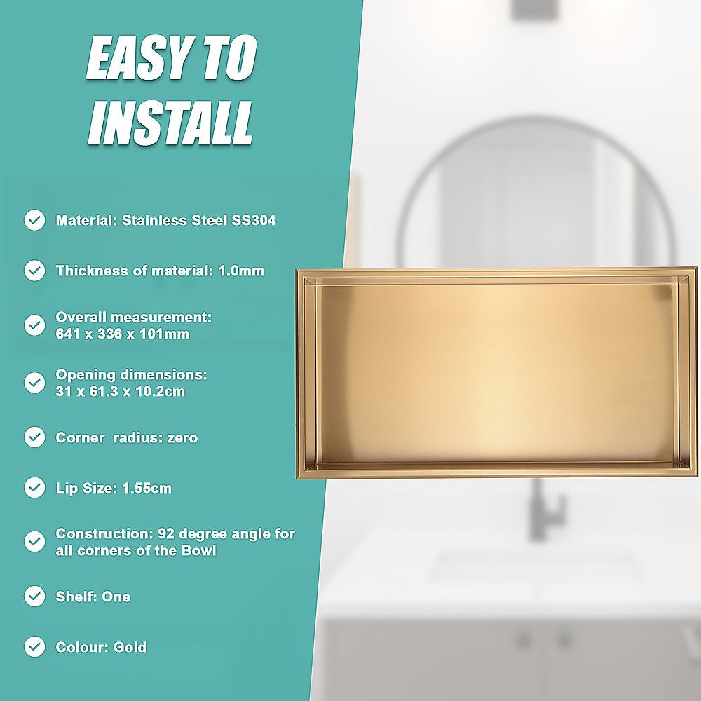 641 x 336 x 101mm Shower Niche Single Shelf Organizer No Tile Needed in Gold